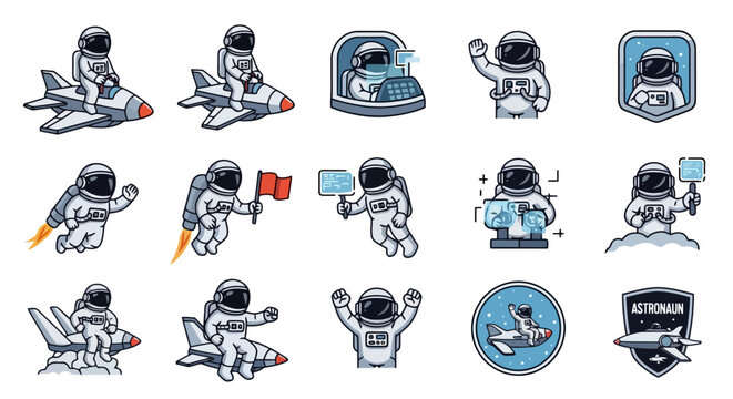 Collection of 15 pixel art illustrations featuring astronauts in various poses and scenarios, including riding rockets, holding flags, and interacting with futuristic technology.