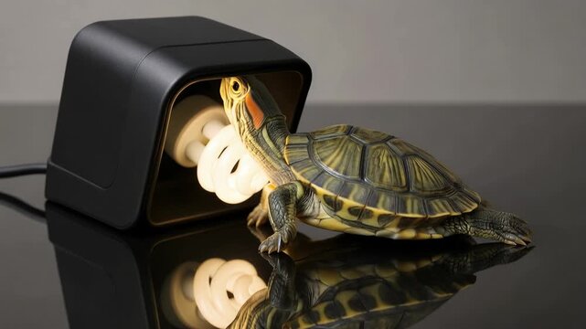Curious small red eared slider turtle slowly approaching a warm heat lamp to bask, stretching its neck towards the light bulb in a studio setting with a reflective black surface