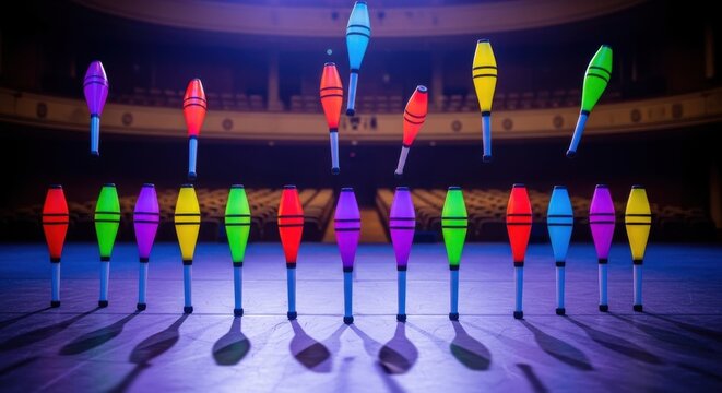 A vibrant display of rainbow colored juggling clubs in motion on a stage for entertainment