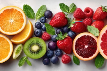Naklejka premium Fresh mixed fruit flat lay with strawberries, blueberries, kiwi and citrus slices on white background