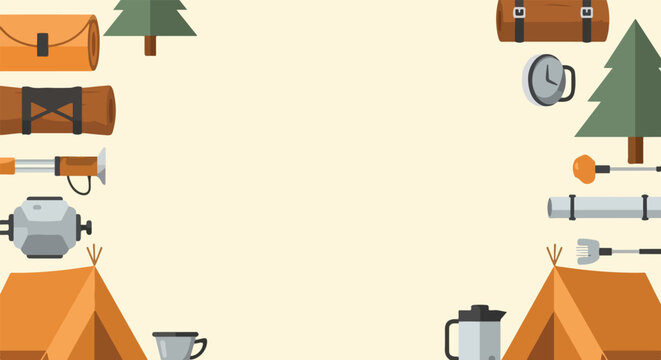 A flat vector illustration showcasing camping gear like tents, bedrolls, and tools framing a central beige space for text or messages.