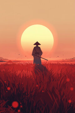 Warrior in straw hat stand in red field at sunset, dramatic art style
