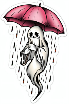 Illustration of a spooky ghost holding an umbrella in a dark, moody rain