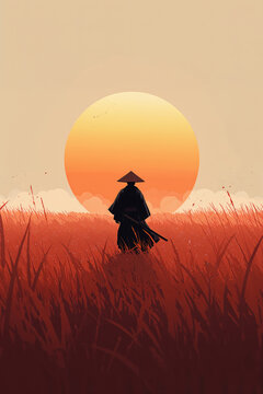 Lone Figure in Ancient Robe Against Sunset in Tall Grass Field