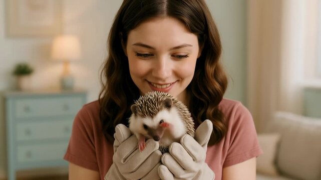 Gentle young woman wearing protective gloves carefully holding a cute African pygmy hedgehog in her hands, looking at her unusual pet with a tender smile and genuine affection