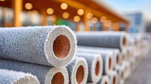 Frosted insulated concrete pipe stack in a cold basement for home repair background and hvac maintenance illustration