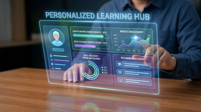 Interactive dashboard displaying personalized learning hub data and analytics on a futuristic holographic display
