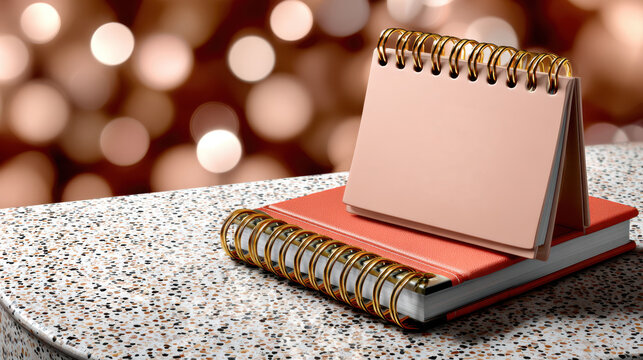 Overhead pastel planner and spiral calendar with terrazzo table and bokeh lights for valentine background and social media design