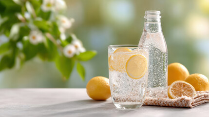 Fototapeta premium Sparkling lemon water in glass poured from a plain bottle with fresh lemons for summer beverage background and banner design
