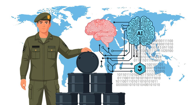 Soldier standing next to oil barrels with brain and AI symbol.