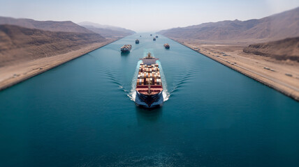Fototapeta premium Impressive Container Ship Convoy Traversing a Vital Man-Made Canal Between Vast Desert Landscapes