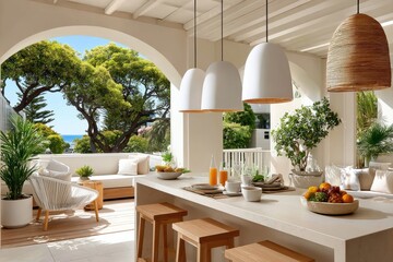 Obraz premium Sunny coastal outdoor dining terrace with modern kitchen island, seating and lush greenery
