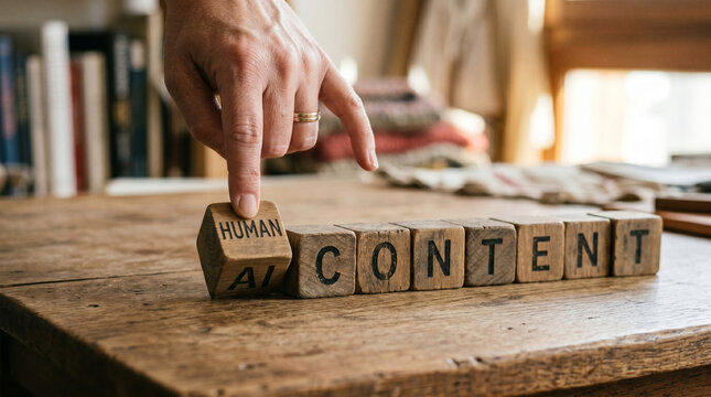 Human hand wooden block ai content anti ai content table finger human