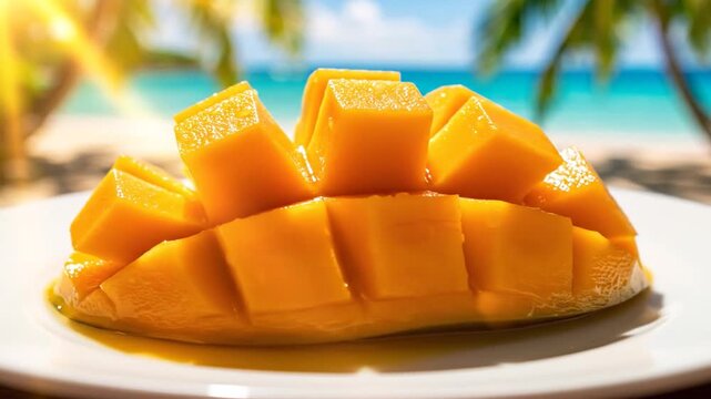 Ripe Mango Slices Served on a Plate with Tropical Beach Background