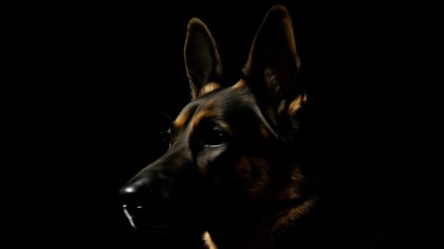 Majestic German shepherd dog looking from the side and then turning its head to face the camera, with a dramatic chiaroscuro lighting effect on an isolated black background