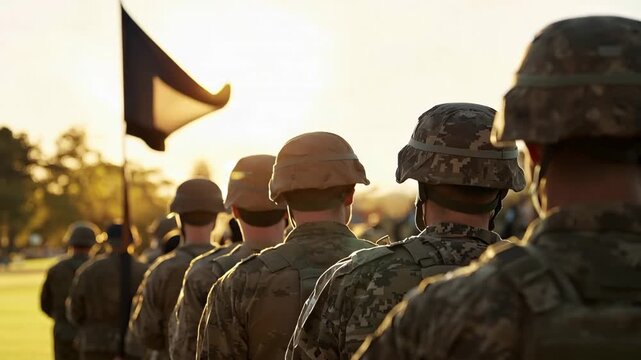 Back view of a troop of soldiers in camouflage uniforms and helmets standing in formation during an outdoor military ceremony, paying tribute and honoring fallen heroes at sunset