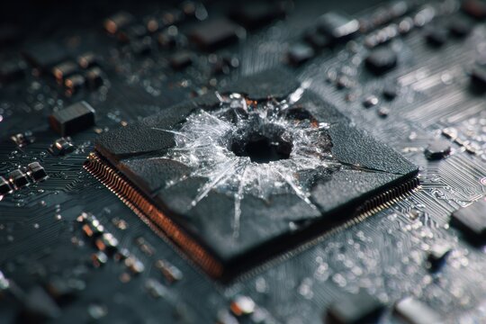 Broken computer chip on circuit board with shattered center