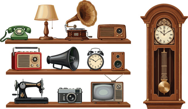 Vintage Antique Object Collection on Wooden Shelves Featuring Retro Radio, Gramophone, Telephone, Sewing Machine, Camera, and Grandfather Clock Vector Illustration Set
