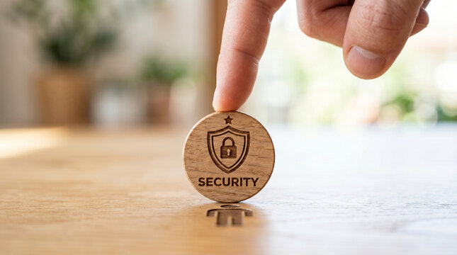 Security anti ai slop content concept finger touch wood token with lock shield icon on table