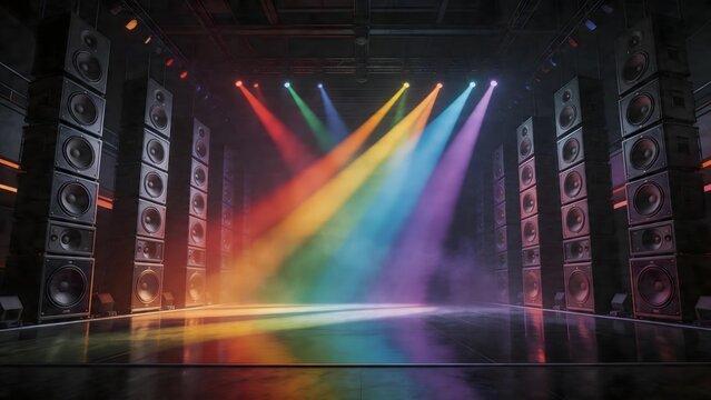 Stage with colorful lights and speakers