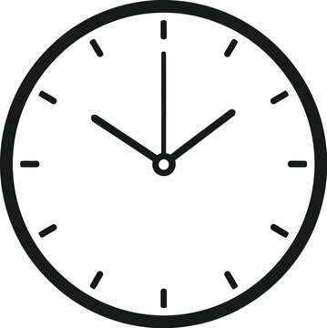 Simple black and white wall clock icon showing the time with a minimalist round design style isolated on a plain background for creative office or business project use