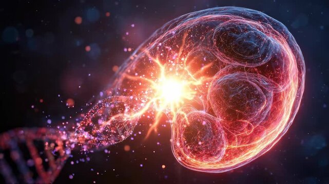 Scientific prenatal illustration showing fetus inside uterus with transparent layered view, glowing DNA helix elements representing genetic testing for Cornelia de Lange Syndrome