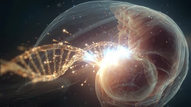 Scientific prenatal illustration showing fetus inside uterus with transparent layered view, glowing DNA helix elements representing genetic testing for Cornelia de Lange Syndrome