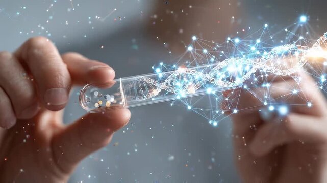 Hands holding a genetic test kit with saliva sample tube, gentle daylight illumination, transparent DNA overlay representing early screening for Cornelia de Lange Syndrome