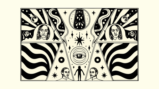 psychedelic illustration with portraits swirling patterns and symbolic eye design on a cream background high quality professional detailed