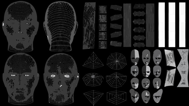3d wireframe head model kit with facial features and geometric component layouts on black background high quality professional