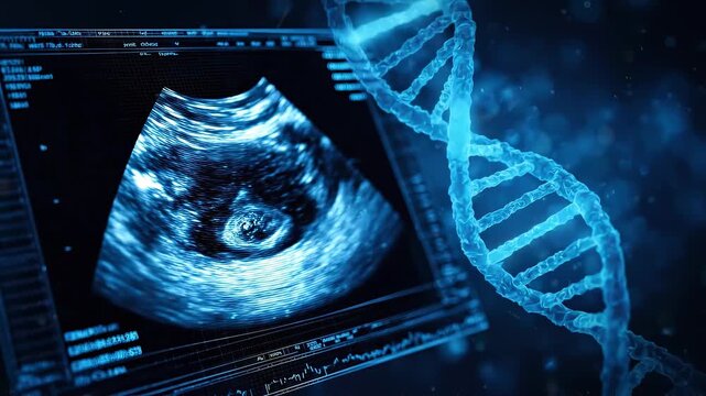 Medical prenatal diagnostics concept, detailed ultrasound image of a fetus on screen, with a transparent DNA strand overlay representing genetic testing for Cornelia de Lange Syndrome