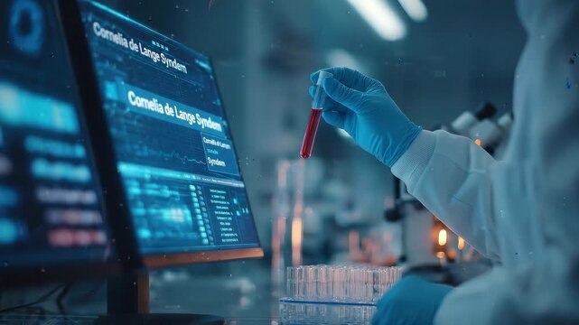 Researcher in protective gloves examining a blood sample in a lab, overlay of DNA sequencing information on a transparent interface indicating genetic analysis for Cornelia de Lange Syndrome