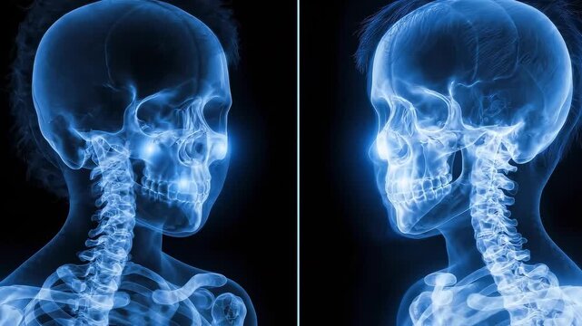 Split-screen medical X-ray style comparison showing a normal child skeleton on the left and a child with Cornelia de Lange Syndrome on the right