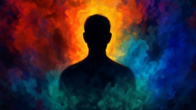 Dark human silhouette emerging from a vibrant, painterly background representing the spectrum of human emotions, consciousness, and psychological states in a powerful, abstract visualization