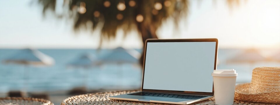 Laptop and coffee cup are placed on table with beach and ocean in background, suggesting remote work or vacation setting. High quality photo