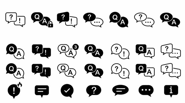 The illustration shows various speech bubbles and question marks in a graphic design.