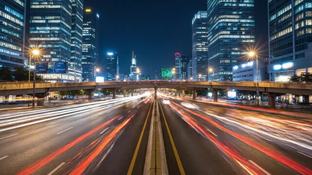 Night City Street Scene Moving Traffic Under Overpass