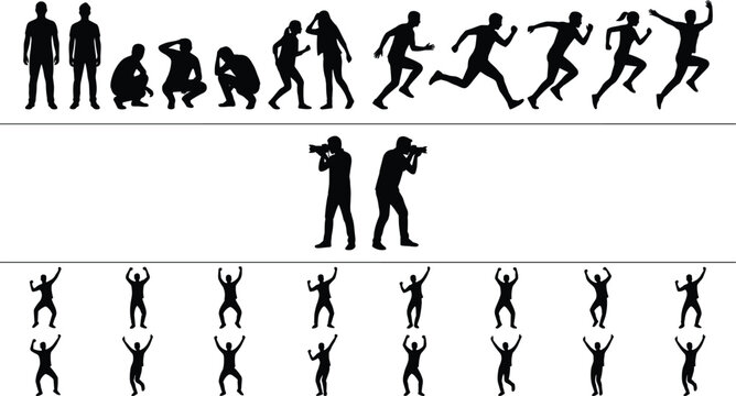 Silhouette, of, people, in, various, poses, including, running, crouching, jumping, and, photographers, taking, photos, isolated, on, white, background, vector, illustration, set
