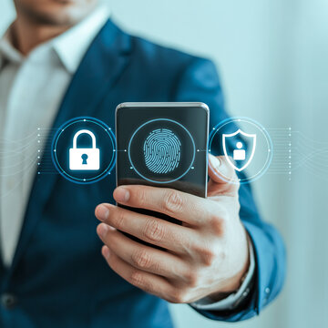 Businessman in a suit holds a smartphone displaying biometric fingerprint authentication and digital security icons for data protection.