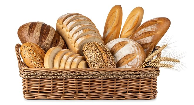 Assorted Breads in Wicker Basket on White Background