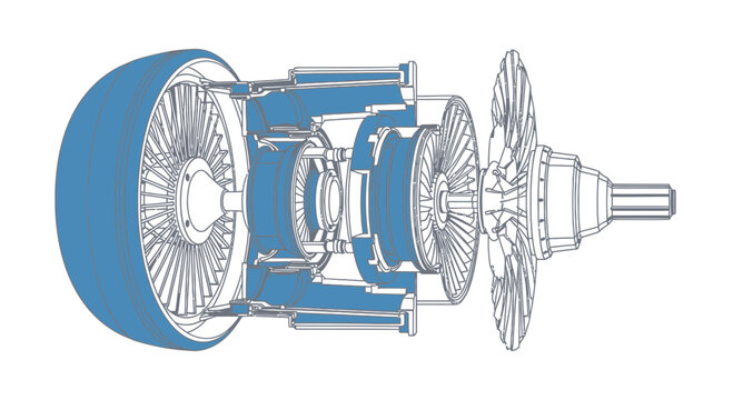 Jet Engine Turbine Exploded View Blueprint Technical Drawing