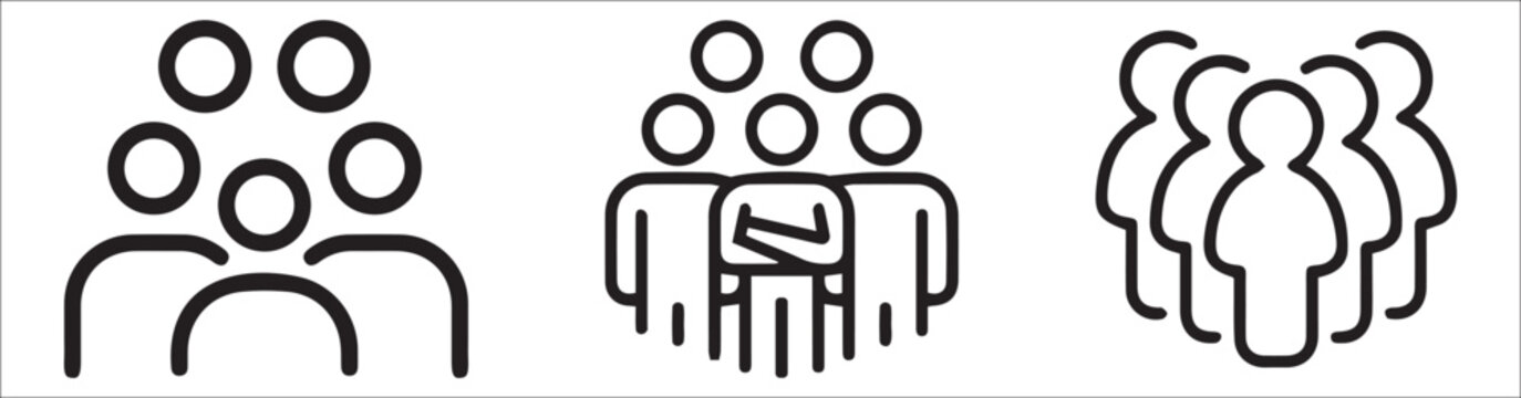 Employee team, professional collective outline icons. Line signs group of four people. Vector isolated pictograms for web and app on white background editable stroke.