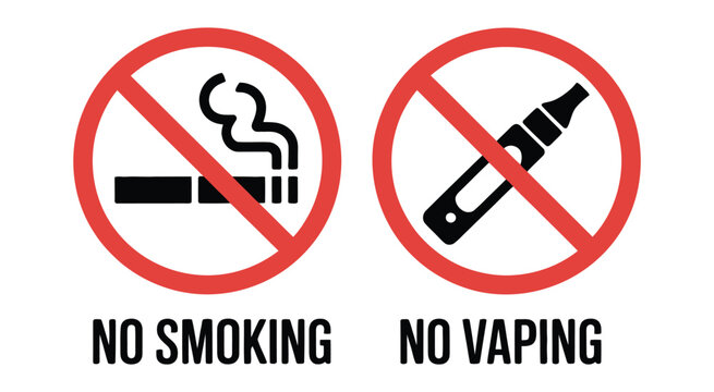 No smoking no vaping prohibition signs vector illustration, restricted tobacco and e-cigarette ban symbols