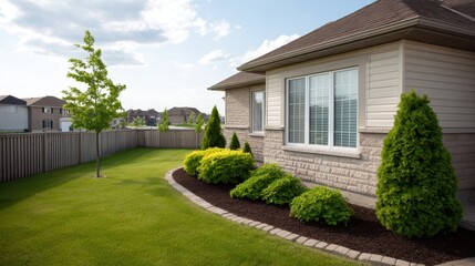 Fototapeta premium Tranquil suburban home exterior with well-manicured lawn, neatly trimmed shrubs, vibrant greenery, and pleasing architectural features under a clear sky