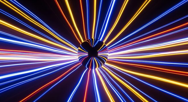 Abstract background with glowing neon light trails radiating from a central sphere