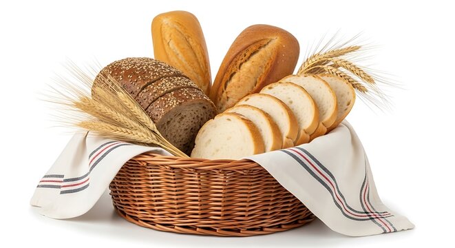Artisanal Breads in Woven Basket on White Background with Wheat