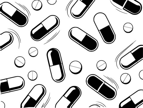 Black and white pattern of capsules and pills a white background, medicine health