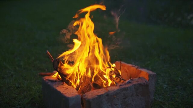 Closeup of bright campfire flames burning wood inside fire pit on grass, capturing heat, energy and outdoor camping atmosphere at night in Savci Slovenia