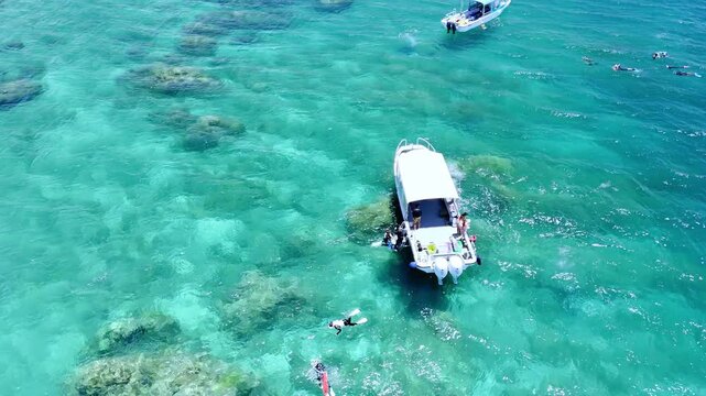 Aerial perspective of two tour boats anchored in a shallow reef, with divers and snorkelers exploring the bright turquoise waters.