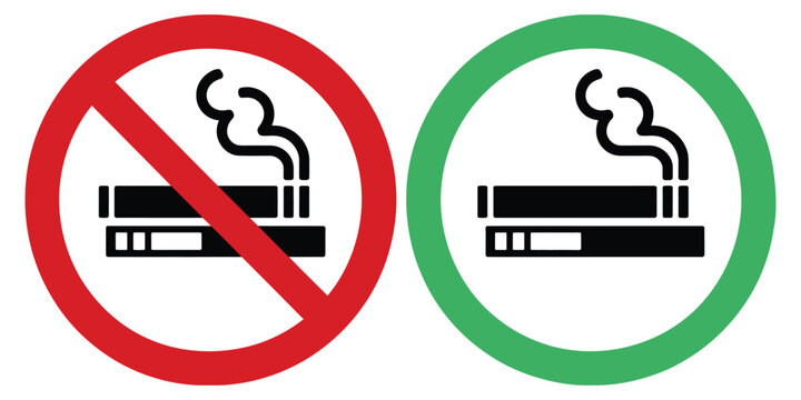 No smoking no vaping smoking area sign set, prohibition and allowed zone icons cigarette vape symbols circle slash and green approval marker, clean vector illustration.